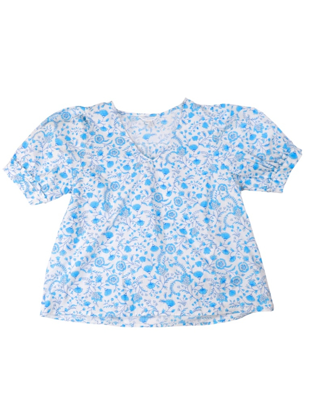 Draper James Blue Floral Cotton Blouse Large Puff Sleeve Cottagecore